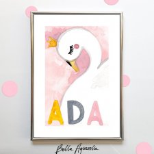 Akwarela Oryginalna A5 "Ada", niepowtarzalny obrazek ręcznie malowany, do dziecęcego pokoju, literka A, dla dziewczynki, łabędź, korona, róż