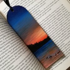 Drewniana zakładka do książki ręcznie malowana krajobraz jezioro zachód personalizacja