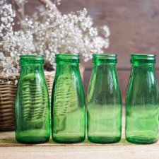 4 zielone butelki po śmietanie, PRL, vintage