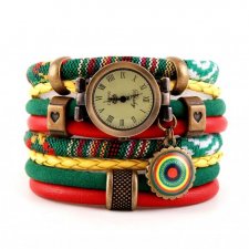 Zegarek- bransoletka w stylu boho, zielono- czerwono- żółty