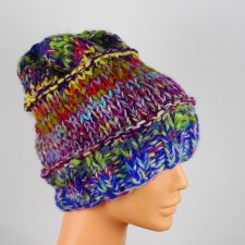 ciepła czapka, boho, z wełny, na drutach, kolorowa, roz 54-55
