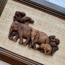 ❤ Szczęśliwe słonie - Pejzaż Sawanny ❤ Płaskorzeźba na lnie w drewnianej ramce ❤