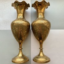 Vintage Pair of Tall Brass Etched Vases ❤ Ręczny florystyczny grawerunek ❤ Para dużych wazonów 30cm.