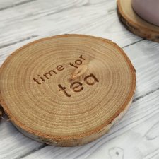 Podstawka pod kubek, brzozowy plaster drewna, TIME FOR TEA, dla fana herbaty, podkładka krążek boho dodatki