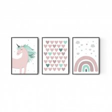 3 Plakaty A3 Jednorożec Tęcza Serca - Miętowy i Różowy