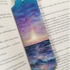 Drewniana zakładka do książki ręcznie malowana krajobraz wschód słońca morze ocean personalizacja