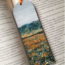 Drewniana zakładka do książki ręcznie malowana krajobraz łąka kwiaty personalizacja
