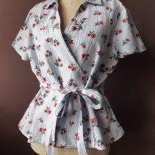 ZARA L / XL LEN KOPERTOWA BLUZKA Z KOKARDĄ * KRÓTKI RĘKAW FLORAL * CIENKI PRĄŻEK * WIĄZANA * niebieska w kwiatki koszula