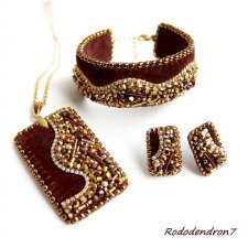 Brown Wave - efektowny brązowo-złoty komplet biżuterii haft koralikowy