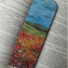Drewniana zakładka do książki ręcznie malowana krajobraz łąka maki kwiaty personalizacja