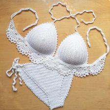 Szydełkowe bikini z koronką białe L