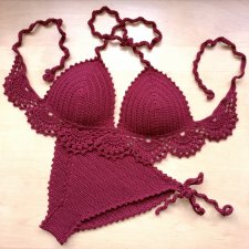 Szydełkowe bikini bordo z koronką M