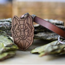 BRELOK DO KLUCZY WILK ORIGAMI Z DREWNA ORZECH BRĄZOWA SKÓRA