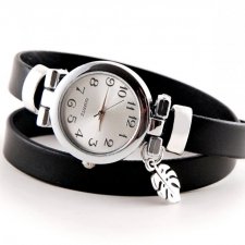 zegarek bransoletka ze skórzanym owijanym paskiem, z listkiem monstery, zapięcie zatrzaskowe regulowane