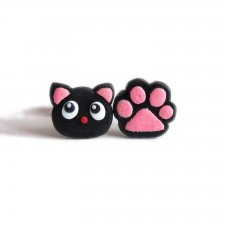 Kolczyki Kot i Łapka Kolczyki Czarne Koty Prezent na Walentynki