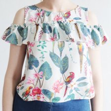 egzotyczne kwiaty ptaki crop top bluzka vintage kobieca cold shoulder