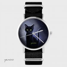 Zegarek, bransoletka - Czarny kot, noc - czarny, nato