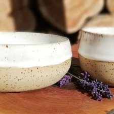 DESIGNERSKI ZESTAW NACZYŃ CERAMICZNYCH & PREZENTOWY WOREK LNIANY zestaw śniadaniowy MISKA i KUBEK CZARKA ozdobne naczynia HAND-MADE GAIA