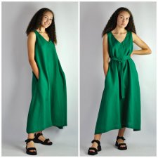 Sukienka lniana z paskiem i kieszeniami butelkowa zieleń - Nr.100