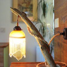 Lampa stołowa w stylu indyjskim z kloszem z lat 70-tych, dębowa lampka nocna