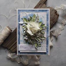 Kartka ślubna błękitno- niebieska z bukietem kwiatowym- na zamówienie