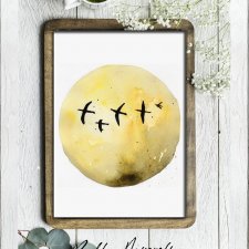 Akwarela oryginalna A4 "Żółta Planeta", przytulny obraz, niebo, słońce, ptaki, do salonu, beige, farbami, cottage