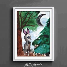 Akwarela oryginalna A5 "Bambi", niepowtarzalny obraz ręcznie malowany, las, drzewa, zieleń, mrok, magiczny, dla dziecka, obrazek z sarenką