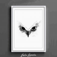Akwarela oryginalna A4 "Owl Eyes", czarno biały obraz, oczy sowy, ptak malowany, farbami, minimalistyczny styl, skandynawski, cottage styl