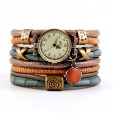 Zegarek- bransoletka zielono-brązowy z drewnianą zawieszką