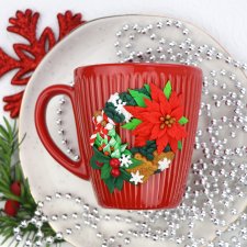 3-D Kubek Ozdobiony Ceramiczny. Wianek Świąteczny z Masy Termoutwardzalnej. Prezent na Boże Narodzenie. Rękodzieło