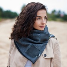 Szal wełniany ze skórą - komin, unisex, wełna, grafitowy z kwadratami