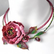 Naszyjnik Kolia z Drobnych Koralików Piwonia. Bizuteria 3D Haft Koralikowy. Prezent dla Kobiety. Handmade