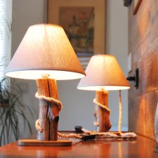 Lampa z drewna bukowego, abażur beżowy, lampa z naturalnego drewna