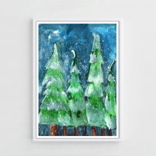 Akwarela Oryginalna A4 "Zimowe Choinki", obraz malowany farbami, butelkowa zieleń i głęboki niebieski, śnieg, zimowy krajobraz, świerki