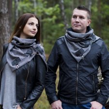 Szal komin ze skórą - unisex, czarna jodełka połysk