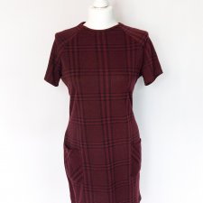 Bordowa sukienka w kratę New Look rozmiar 38 krótki rękaw kieszenie dopasowana