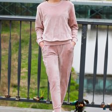 Komplet dresowy bluza i spodnie welur kolor pudrowy róż XS/S