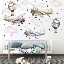Samoloty retro , balony ,chmurki - naklejka dla dzieci