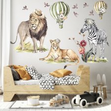 Sawanna Lew, zebra ,balony ,kwiaty - Naklejka na ścianę dla dzieci