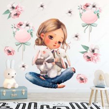 Dziewczynka z króliczkami, pastelowe kwiatki, baloniki - Naklejka na ścianę