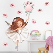 Baletnica, balonik, pastelowe kwiatki - Naklejka na ścianę