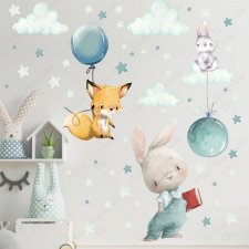 Króliczki ,zajączki, baloniki, chmurki - Naklejka na ścianę