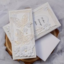 Kartka ślubna w pudełku biała beżowa
