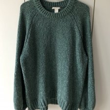 H&M szałwiowy sweter ze srebrną nitką zielony sweterek HM bufiaste rękawy