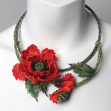 Naszyjnik Kolia z Drobnych Koralików Czerwony Mak. Bizuteria. Prezent dla Kobiety. Handmade