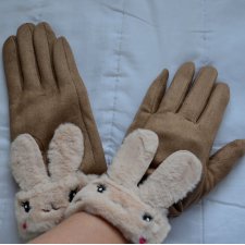 Nowe damskie rękawiczki z uszkami uszami beżowe futerko