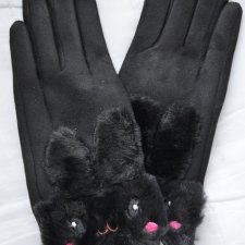 Nowe damskie rękawiczki z uszkami uszami czarne futerko