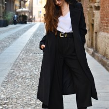 Długi  płaszcz damski czarny z wełny dziewiczej i kaszmiru XS