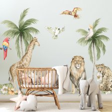 Savanna żyrafa, lew , palmy