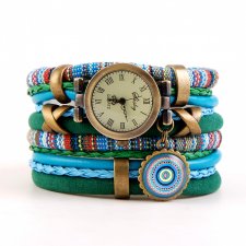 Zegarek- bransoletka w stylu boho, niebieski, zielony, turkusowy z zawieszką